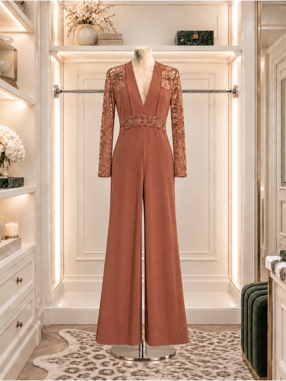 Fashion Nova Rust Lace-Trim Wide-Leg Jumpsuit